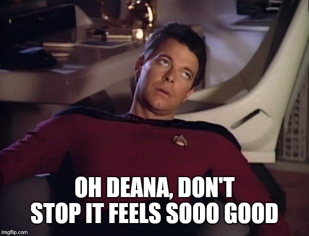 riker eye roll | OH DEANA, DON'T STOP IT FEELS SOOO GOOD | image tagged in riker eye roll | made w/ Imgflip meme maker