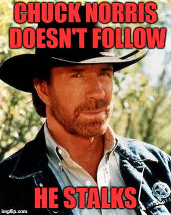 Chuck Norris Meme | CHUCK NORRIS DOESN'T FOLLOW HE STALKS | image tagged in memes,chuck norris | made w/ Imgflip meme maker