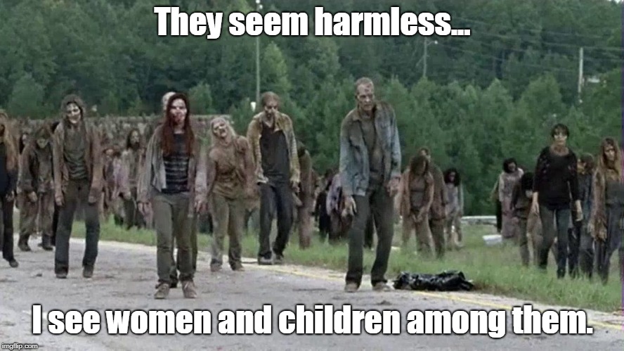 Things I learned from TWD, Lesson 2 | They seem harmless... I see women and children among them. | image tagged in funny,the walking dead | made w/ Imgflip meme maker