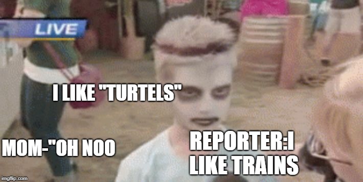 i like turtles | I LIKE "TURTELS"; MOM-"OH NOO; REPORTER:I LIKE TRAINS | image tagged in i like turtles | made w/ Imgflip meme maker