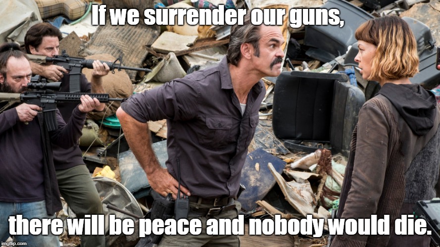 Things I learned from TWD, Lesson 3 | If we surrender our guns, there will be peace and nobody would die. | image tagged in funny,the walking dead | made w/ Imgflip meme maker