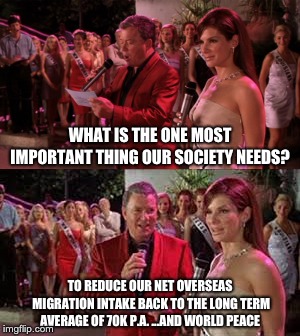 WHAT IS THE ONE MOST IMPORTANT THING OUR SOCIETY NEEDS? TO REDUCE OUR NET OVERSEAS MIGRATION INTAKE BACK TO THE LONG TERM AVERAGE OF 70K P.A. ...AND WORLD PEACE | image tagged in australia | made w/ Imgflip meme maker
