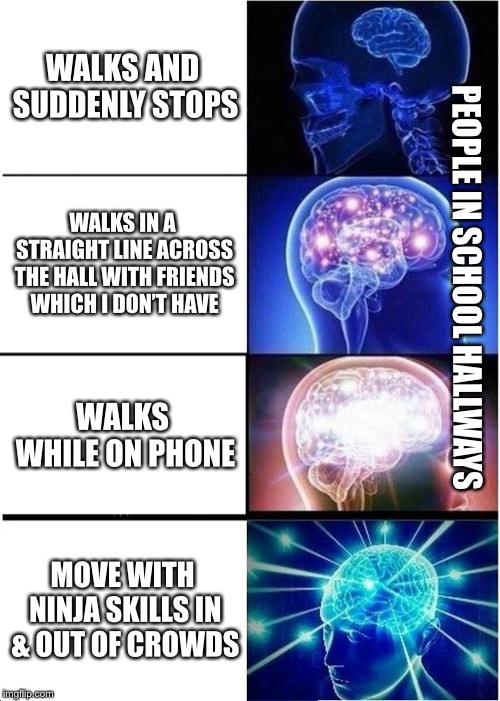 Expanding Brain Meme | WALKS AND SUDDENLY STOPS; WALKS IN A STRAIGHT LINE ACROSS THE HALL WITH FRIENDS WHICH I DON’T HAVE; PEOPLE IN SCHOOL HALLWAYS; WALKS WHILE ON PHONE; MOVE WITH NINJA SKILLS IN & OUT OF CROWDS | image tagged in memes,expanding brain | made w/ Imgflip meme maker