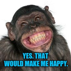 YES. THAT WOULD MAKE ME HAPPY. | image tagged in grinning chimp | made w/ Imgflip meme maker