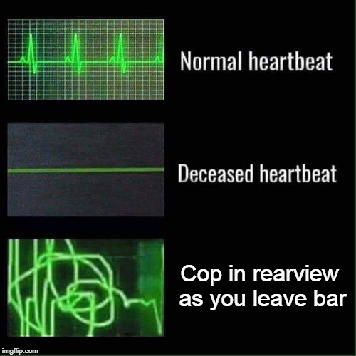 Yup, About Sums it Up | Cop in rearview as you leave bar | image tagged in heartbeat meme | made w/ Imgflip meme maker