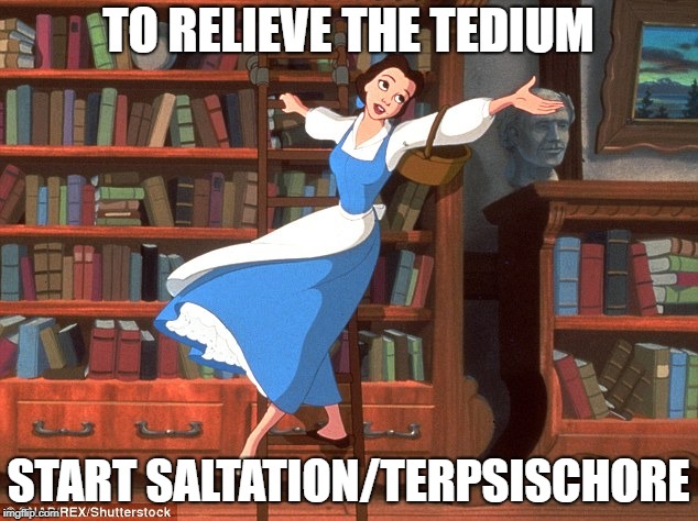 Library | TO RELIEVE THE TEDIUM; START SALTATION/TERPSISCHORE | image tagged in library | made w/ Imgflip meme maker