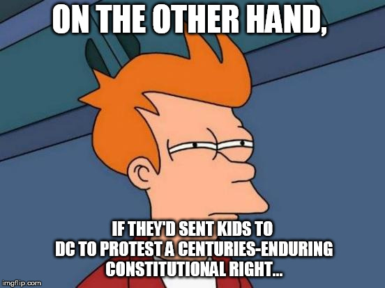 Futurama Fry Meme | ON THE OTHER HAND, IF THEY'D SENT KIDS TO DC TO PROTEST A CENTURIES-ENDURING CONSTITUTIONAL RIGHT... | image tagged in memes,futurama fry | made w/ Imgflip meme maker