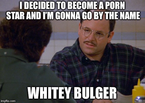 I DECIDED TO BECOME A PORN STAR AND I’M GONNA GO BY THE NAME; WHITEY BULGER | image tagged in porn,memes,funny,george costanza | made w/ Imgflip meme maker