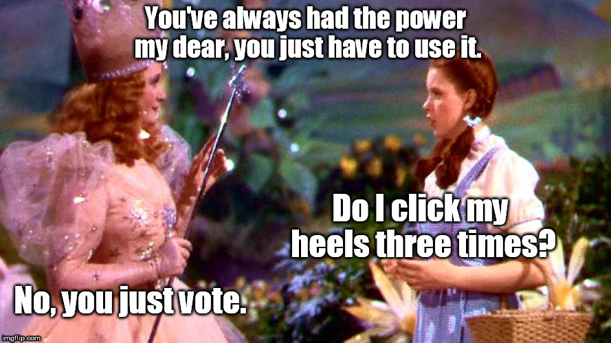 You always had the power - vote | You've always had the power my dear, you just have to use it. Do I click my heels three times? No, you just vote. | image tagged in vote,dorothy,glinda,the wizard of oz | made w/ Imgflip meme maker