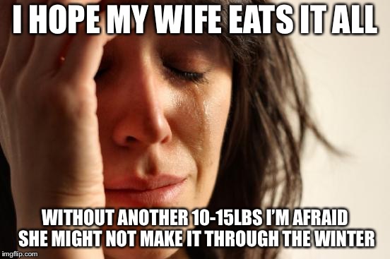First World Problems Meme | I HOPE MY WIFE EATS IT ALL WITHOUT ANOTHER 10-15LBS I’M AFRAID SHE MIGHT NOT MAKE IT THROUGH THE WINTER | image tagged in memes,first world problems | made w/ Imgflip meme maker