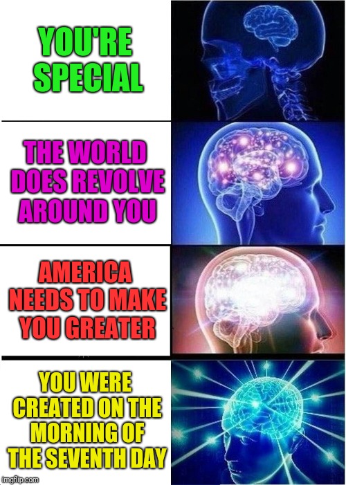 Expanding Brain | YOU'RE SPECIAL; THE WORLD DOES REVOLVE AROUND YOU; AMERICA NEEDS TO MAKE YOU GREATER; YOU WERE CREATED ON THE MORNING OF THE SEVENTH DAY | image tagged in memes,expanding brain | made w/ Imgflip meme maker