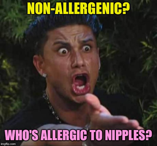 Jersey shore  | NON-ALLERGENIC? WHO'S ALLERGIC TO NIPPLES? | image tagged in jersey shore | made w/ Imgflip meme maker