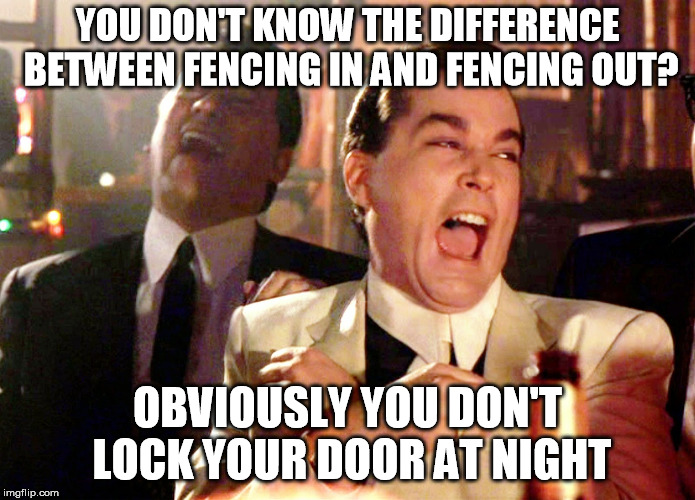 Good Fellas Hilarious Meme | YOU DON'T KNOW THE DIFFERENCE BETWEEN FENCING IN AND FENCING OUT? OBVIOUSLY YOU DON'T LOCK YOUR DOOR AT NIGHT | image tagged in memes,good fellas hilarious | made w/ Imgflip meme maker