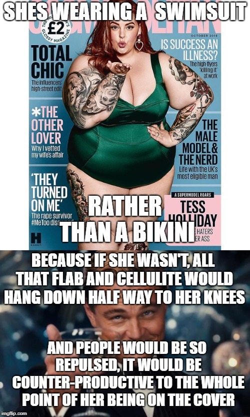 Even the 'body confidence' people know there's nothing to be confident about | SHES WEARING A  SWIMSUIT; RATHER THAN A BIKINI; BECAUSE IF SHE WASN'T, ALL THAT FLAB AND CELLULITE WOULD HANG DOWN HALF WAY TO HER KNEES; AND PEOPLE WOULD BE SO REPULSED, IT WOULD BE COUNTER-PRODUCTIVE TO THE WHOLE POINT OF HER BEING ON THE COVER | image tagged in feminist | made w/ Imgflip meme maker