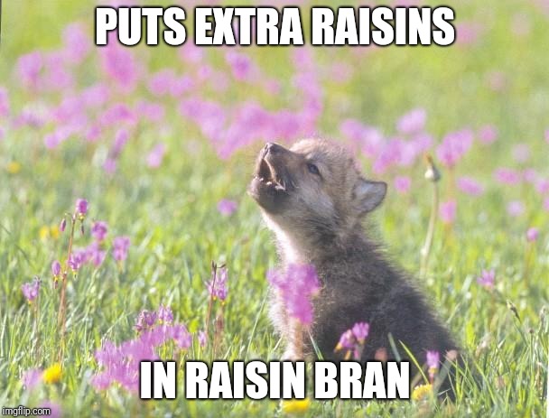 Sticking it to the man! | PUTS EXTRA RAISINS; IN RAISIN BRAN | image tagged in memes,baby insanity wolf,cereal,raisins | made w/ Imgflip meme maker