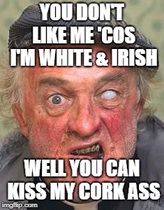 Irish guy | YOU DON'T LIKE ME 'COS I'M WHITE & IRISH WELL YOU CAN KISS MY CORK ASS | image tagged in irish guy | made w/ Imgflip meme maker