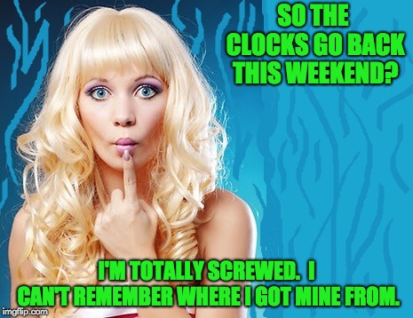ditzy blonde | SO THE CLOCKS GO BACK THIS WEEKEND? I'M TOTALLY SCREWED.  I CAN'T REMEMBER WHERE I GOT MINE FROM. | image tagged in ditzy blonde | made w/ Imgflip meme maker