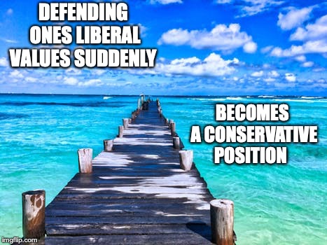 DEFENDING ONES LIBERAL VALUES SUDDENLY; BECOMES A CONSERVATIVE POSITION | made w/ Imgflip meme maker