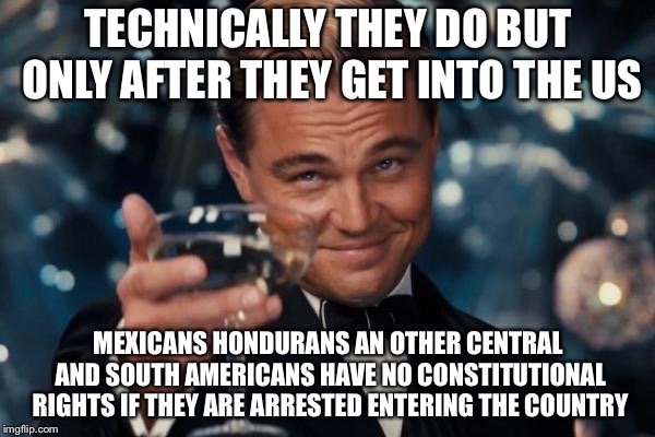 Leonardo Dicaprio Cheers Meme | TECHNICALLY THEY DO BUT ONLY AFTER THEY GET INTO THE US MEXICANS HONDURANS AN OTHER CENTRAL AND SOUTH AMERICANS HAVE NO CONSTITUTIONAL RIGHT | image tagged in memes,leonardo dicaprio cheers | made w/ Imgflip meme maker