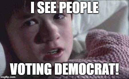 Wow, they're all voting! | I SEE PEOPLE; VOTING DEMOCRAT! | image tagged in memes,i see dead people,voting,voting booth,democrats | made w/ Imgflip meme maker