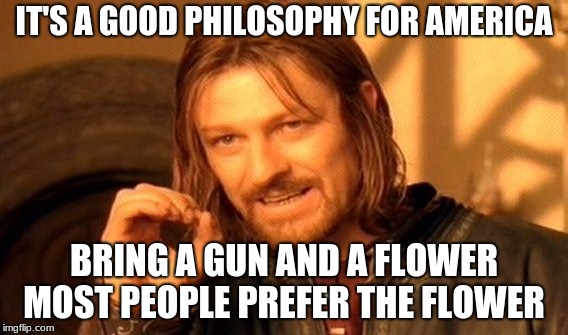 One Does Not Simply Meme | IT'S A GOOD PHILOSOPHY FOR AMERICA BRING A GUN AND A FLOWER MOST PEOPLE PREFER THE FLOWER | image tagged in memes,one does not simply | made w/ Imgflip meme maker