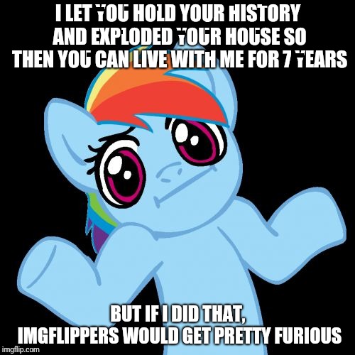 Pony Shrugs Meme | I LET YOU HOLD YOUR HISTORY AND EXPLODED YOUR HOUSE SO THEN YOU CAN LIVE WITH ME FOR 7 YEARS BUT IF I DID THAT, IMGFLIPPERS WOULD GET PRETTY | image tagged in memes,pony shrugs | made w/ Imgflip meme maker