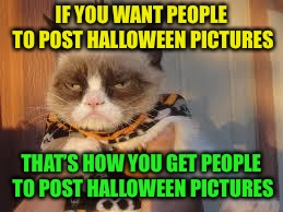 Grumpy Cat Halloween Meme | IF YOU WANT PEOPLE TO POST HALLOWEEN PICTURES THAT’S HOW YOU GET PEOPLE TO POST HALLOWEEN PICTURES | image tagged in memes,grumpy cat halloween,grumpy cat | made w/ Imgflip meme maker