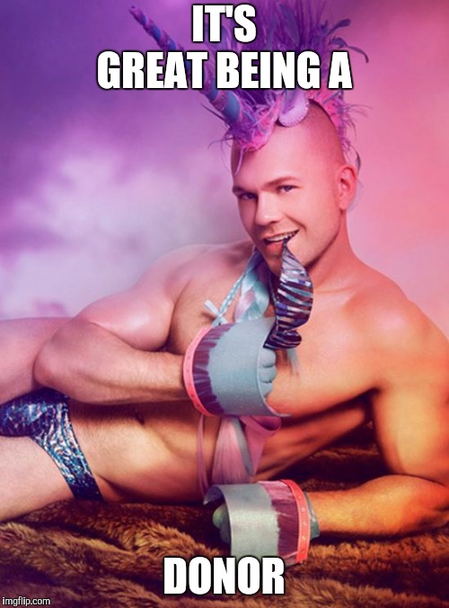 Sexy Gay Unicorn | IT'S GREAT BEING A DONOR | image tagged in sexy gay unicorn | made w/ Imgflip meme maker