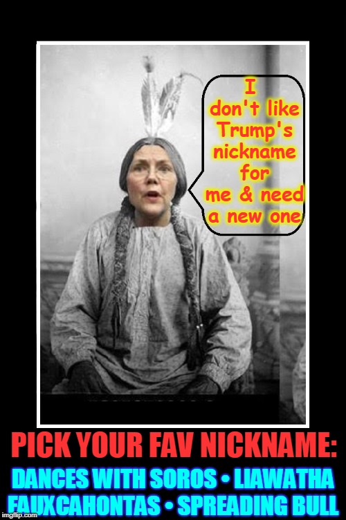 Elizabeth Warren Needs a New Nickname | I don't like Trump's nickname for me & need a new one; PICK YOUR FAV NICKNAME:; DANCES WITH SOROS • LIAWATHA FAUXCAHONTAS • SPREADING BULL | image tagged in vince vance,elizabeth warren,american indian,pocahontas,1/1024,no indian blood | made w/ Imgflip meme maker