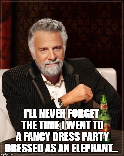 The Most Interesting Man In The World | I'LL NEVER FORGET THE TIME I WENT TO A FANCY DRESS PARTY DRESSED AS AN ELEPHANT... | image tagged in memes,the most interesting man in the world | made w/ Imgflip meme maker