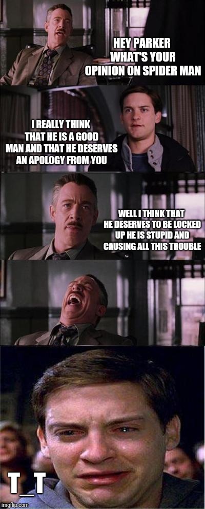 It's ok Peter | HEY PARKER WHAT'S YOUR OPINION ON SPIDER MAN; I REALLY THINK THAT HE IS A GOOD MAN AND THAT HE DESERVES AN APOLOGY FROM YOU; WELL I THINK THAT HE DESERVES TO BE LOCKED UP HE IS STUPID AND CAUSING ALL THIS TROUBLE; T_T | image tagged in memes,peter parker cry,spider man | made w/ Imgflip meme maker
