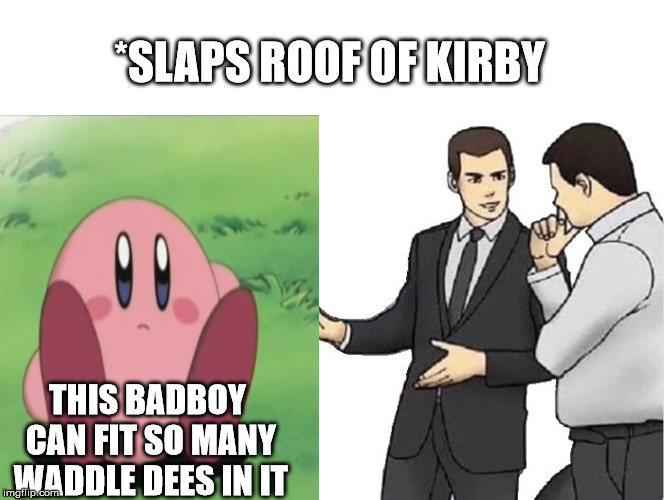 Slaps roof of kirby | *SLAPS ROOF OF KIRBY; THIS BADBOY CAN FIT SO MANY WADDLE DEES IN IT | image tagged in car salesman | made w/ Imgflip meme maker