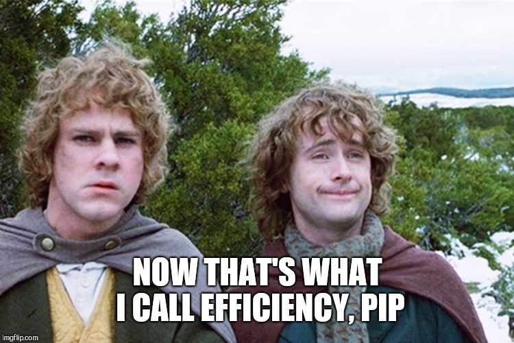 hobbits | NOW THAT'S WHAT I CALL EFFICIENCY, PIP | image tagged in hobbits | made w/ Imgflip meme maker