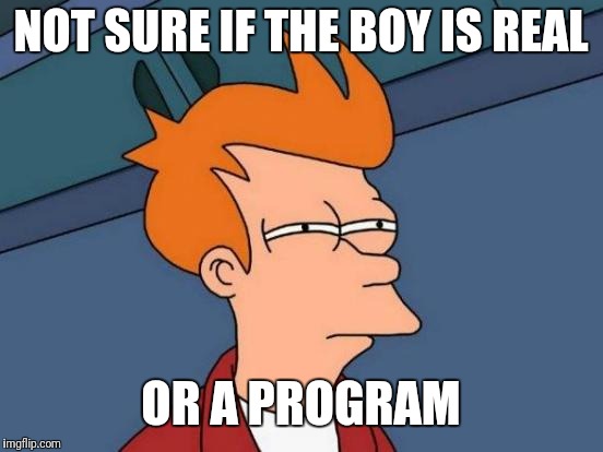 Futurama Fry Meme | NOT SURE IF THE BOY IS REAL OR A PROGRAM | image tagged in memes,futurama fry | made w/ Imgflip meme maker
