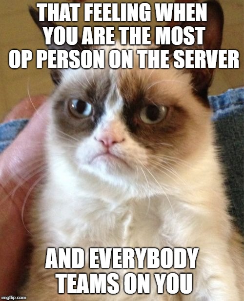 Grumpy Cat | THAT FEELING WHEN YOU ARE THE MOST OP PERSON ON THE SERVER; AND EVERYBODY TEAMS ON YOU | image tagged in memes,grumpy cat | made w/ Imgflip meme maker