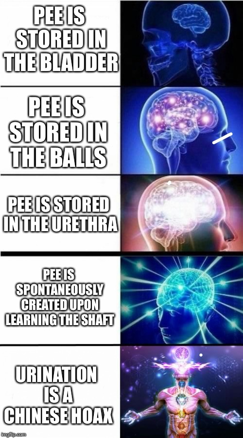 Here's the Answer  | PEE IS STORED IN THE BLADDER; PEE IS STORED IN THE BALLS; PEE IS STORED IN THE URETHRA; PEE IS SPONTANEOUSLY CREATED UPON LEARNING THE SHAFT; URINATION IS A CHINESE HOAX | image tagged in expanding brain meme,memes,pee | made w/ Imgflip meme maker