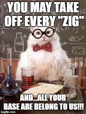 ALL YOUR BASE ARE BELONG TO THIS CAT!!! | YOU MAY TAKE OFF EVERY "ZIG"; AND...ALL YOUR BASE ARE BELONG TO US!!! | image tagged in smart cat,zig,zero wing cat,move zig | made w/ Imgflip meme maker