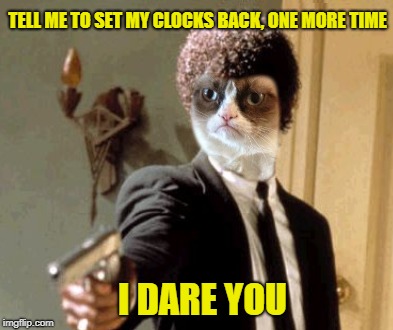 Day L. Savings | TELL ME TO SET MY CLOCKS BACK, ONE MORE TIME; I DARE YOU | image tagged in memes,funny memes,grumpy cat,samuel l jackson | made w/ Imgflip meme maker