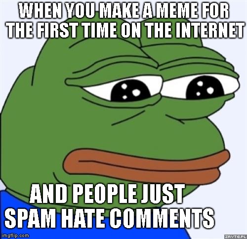 sad frog |  WHEN YOU MAKE A MEME FOR THE FIRST TIME ON THE INTERNET; AND PEOPLE JUST SPAM HATE COMMENTS | image tagged in sad frog | made w/ Imgflip meme maker