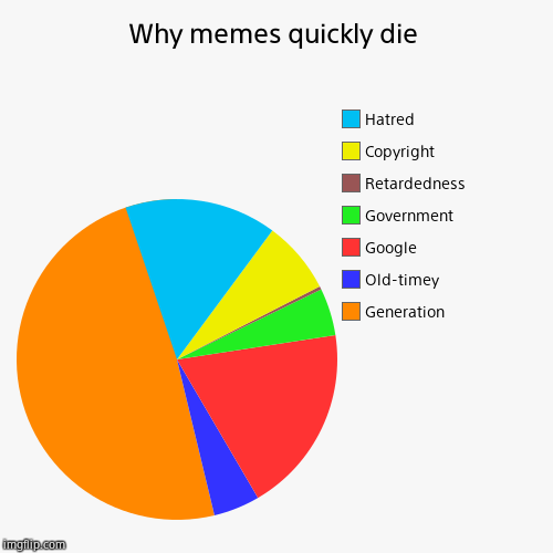 Why memes quickly die | Generation, Old-timey, Google, Government, Retardedness, Copyright , Hatred | image tagged in funny,pie charts | made w/ Imgflip chart maker