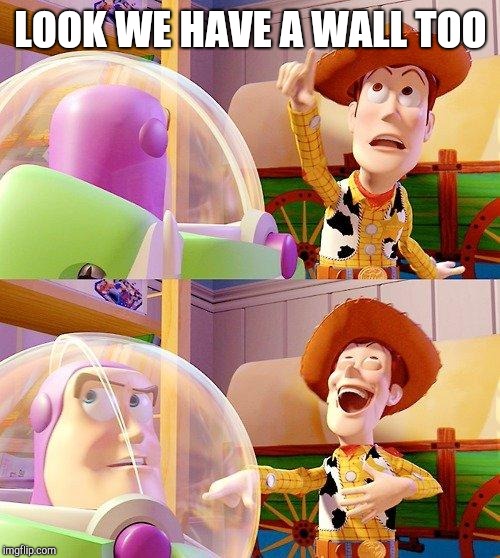Buzz Look an Alien! | LOOK WE HAVE A WALL TOO | image tagged in buzz look an alien | made w/ Imgflip meme maker