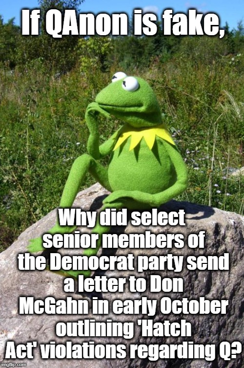 Is QAnon A LARP? | If QAnon is fake, Why did select senior members of the Democrat party send a letter to Don McGahn in early October outlining 'Hatch Act' violations regarding Q? | image tagged in kermit-thinking,qanon,democrat,political meme,donald trump | made w/ Imgflip meme maker