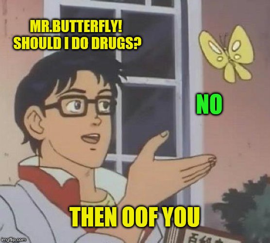 Is This A Pigeon Meme | MR.BUTTERFLY! SHOULD I DO DRUGS? NO THEN OOF YOU | image tagged in memes,is this a pigeon | made w/ Imgflip meme maker