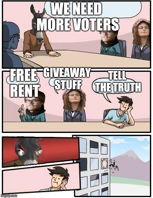 Democrat Boardroom Suggestion | WE NEED MORE VOTERS; GIVEAWAY STUFF; FREE RENT; TELL THE TRUTH | image tagged in democrat boardroom suggestion | made w/ Imgflip meme maker