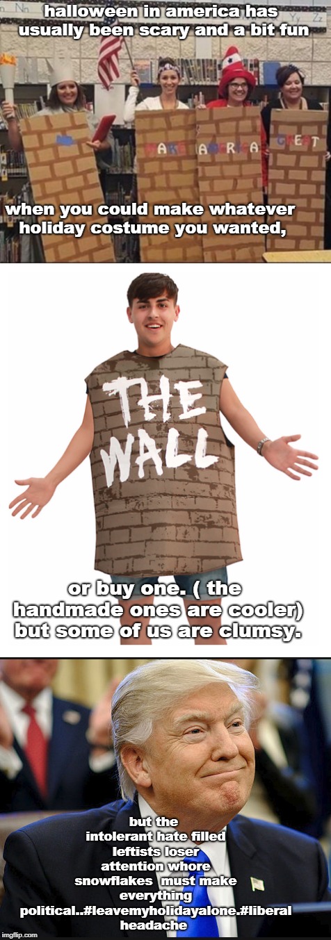 who would think halloween would be  damaged by the political correctness plague ? border wall costume. | halloween in america has usually been scary and a bit fun; when you could make whatever holiday costume you wanted, or buy one. ( the handmade ones are cooler) but some of us are clumsy. but the intolerant hate filled leftists loser attention whore snowflakes  must make everything political..#leavemyholidayalone.#liberal headache | image tagged in intolerant leftists,leavemyholidayalone,borderwallcostume | made w/ Imgflip meme maker