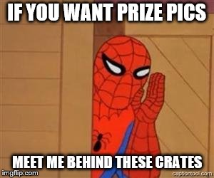 psst spiderman | IF YOU WANT PRIZE PICS MEET ME BEHIND THESE CRATES | image tagged in psst spiderman | made w/ Imgflip meme maker