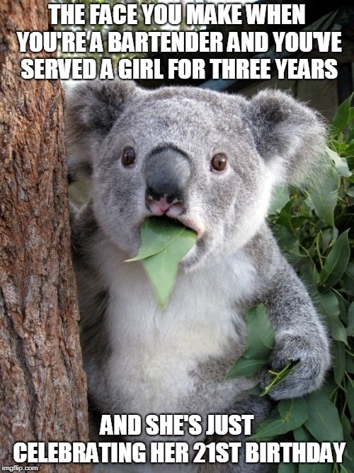 oh crap |  THE FACE YOU MAKE WHEN YOU'RE A BARTENDER AND YOU'VE SERVED A GIRL FOR THREE YEARS; AND SHE'S JUST CELEBRATING HER 21ST BIRTHDAY | image tagged in memes,surprised coala | made w/ Imgflip meme maker
