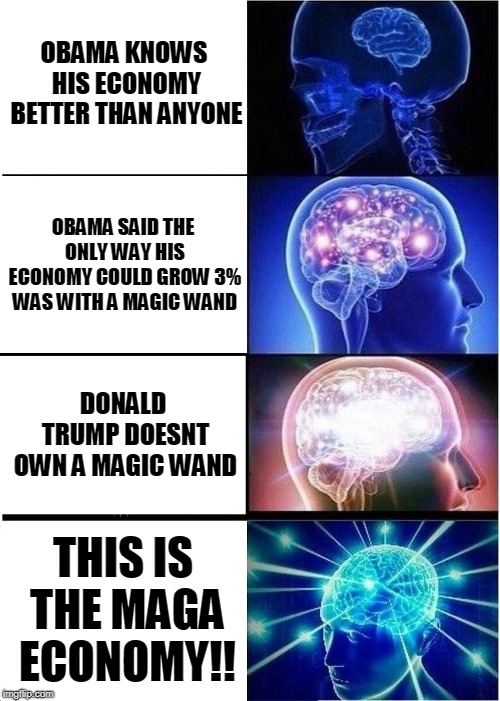 MAGA Logic | OBAMA KNOWS HIS ECONOMY BETTER THAN ANYONE; OBAMA SAID THE ONLY WAY HIS ECONOMY COULD GROW 3% WAS WITH A MAGIC WAND; DONALD TRUMP DOESNT OWN A MAGIC WAND; THIS IS THE MAGA ECONOMY!! | image tagged in memes,expanding brain | made w/ Imgflip meme maker