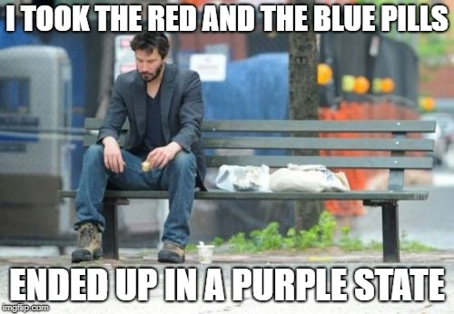 Sad Keanu is Bi-Political | I TOOK THE RED AND THE BLUE PILLS; ENDED UP IN A PURPLE STATE | image tagged in memes,sad keanu | made w/ Imgflip meme maker