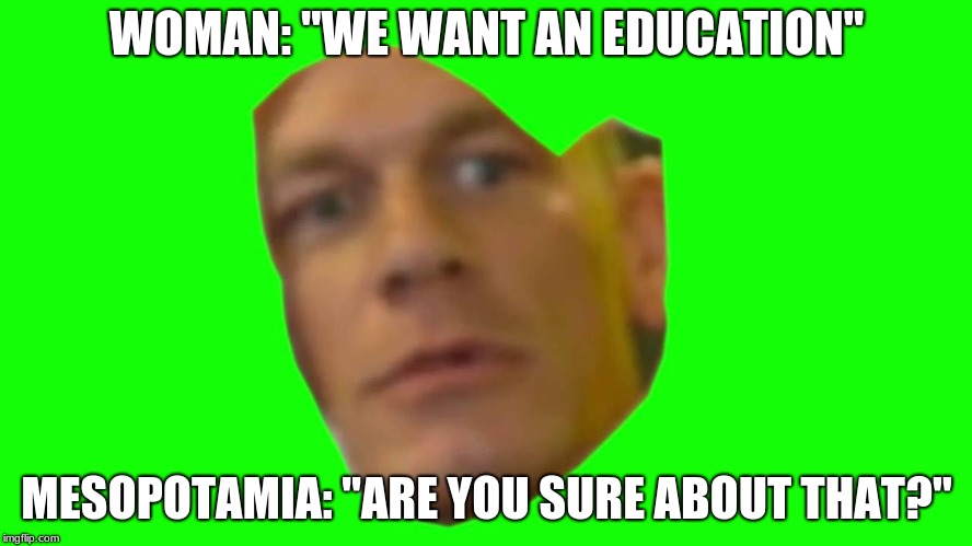 are you sure about that? | WOMAN: "WE WANT AN EDUCATION"; MESOPOTAMIA: "ARE YOU SURE ABOUT THAT?" | image tagged in john cena | made w/ Imgflip meme maker